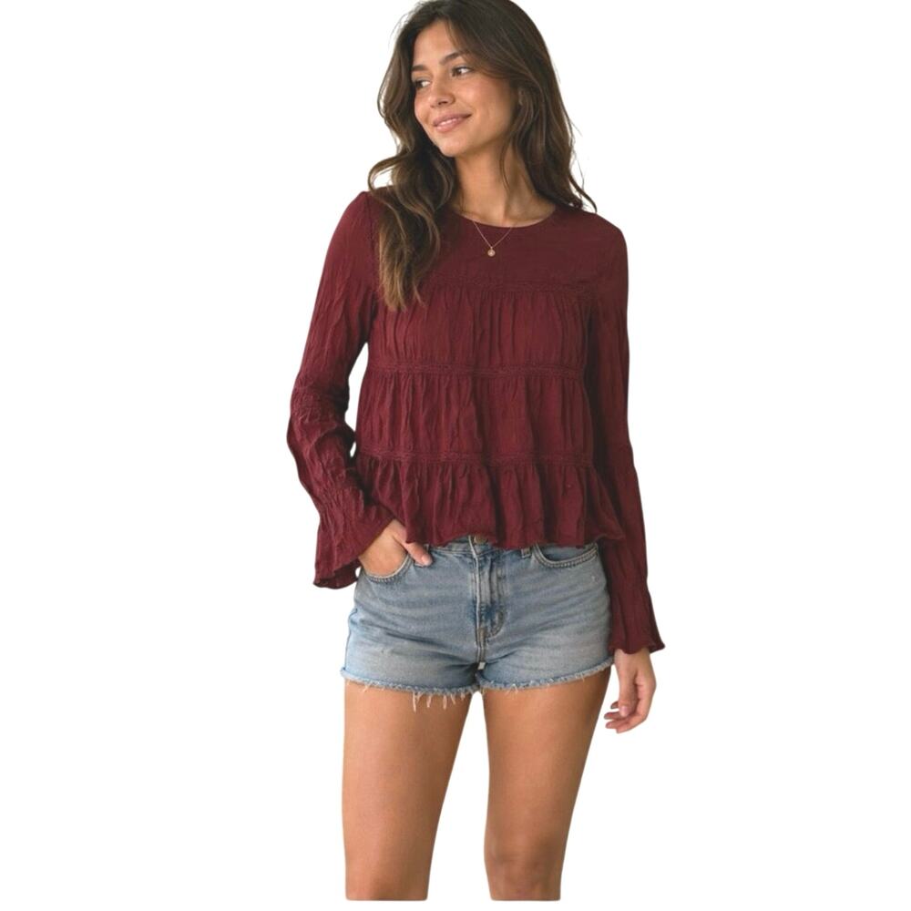 RO&DE burgundy tiered w/lace butterfly sleeve top size small